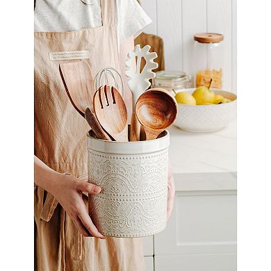 Ceramic Kitchen Utensil Holder with Lace Emboss for Countertop Decor