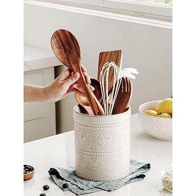Ceramic Kitchen Utensil Holder with Lace Emboss for Countertop Decor