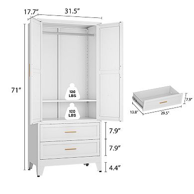 Large Metal Wardrobe with Drawers and Hanging Rod for Bedroom Storage
