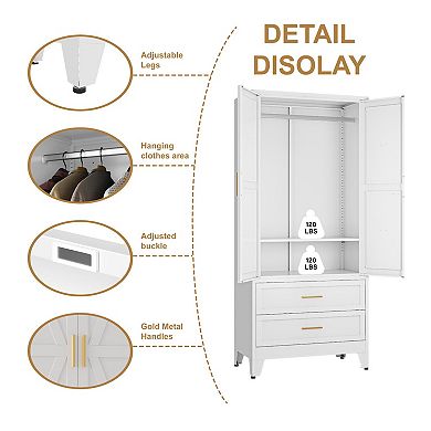 Large Metal Wardrobe with Drawers and Hanging Rod for Bedroom Storage