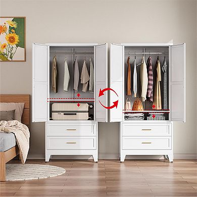 Large Metal Wardrobe with Drawers and Hanging Rod for Bedroom Storage