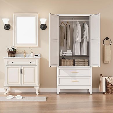 Large Metal Wardrobe with Drawers and Hanging Rod for Bedroom Storage