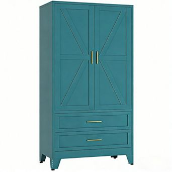 Large Metal Wardrobe with Drawers and Hanging Rod for Bedroom Storage