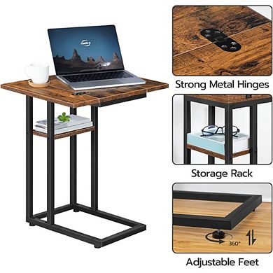 Great Ambitions Foldable C-Shaped End Table with Storage, Snack Table for Small Spaces,Easy Assembly