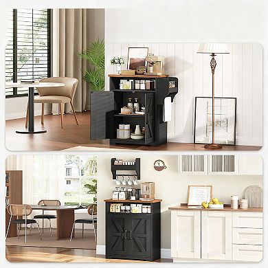 Farmhouse Coffee Bar Cabinet with Adjustable Shelf and Hooks