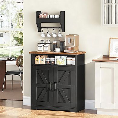Farmhouse Coffee Bar Cabinet with Adjustable Shelf and Hooks
