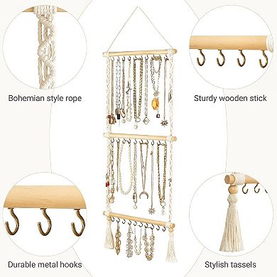 Great Ambitions Macrame Jewelry Organizer Wall Hanger, 30 Hooks, No Jewelry Included