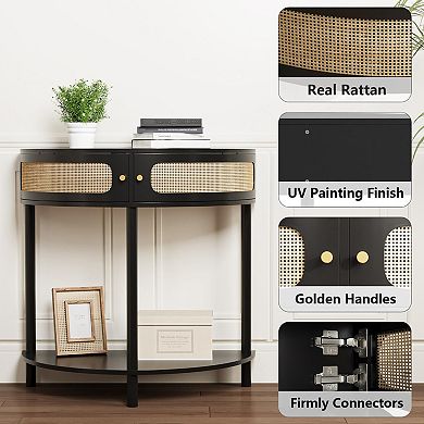 Boho Rattan Half Moon Console Table with Storage for Entryway