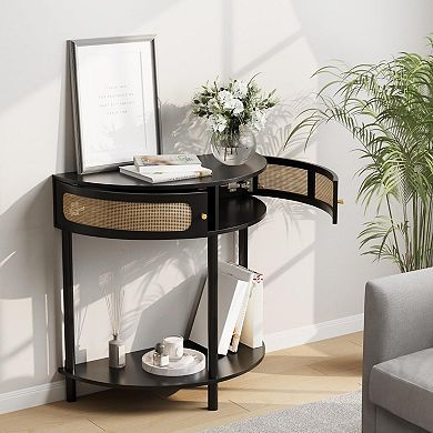 Boho Rattan Half Moon Console Table with Storage for Entryway
