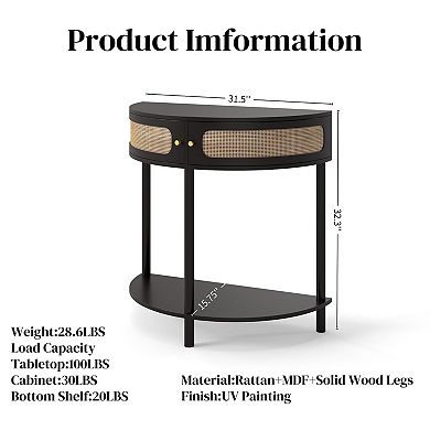 Boho Rattan Half Moon Console Table with Storage for Entryway