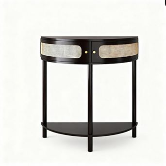 Boho Rattan Half Moon Console Table with Storage for Entryway