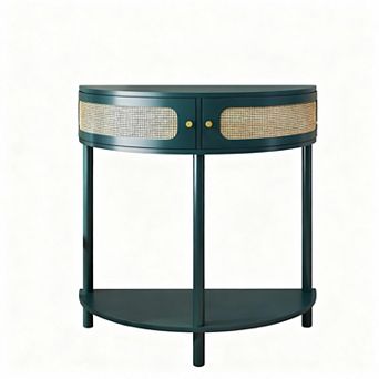 Boho Rattan Half Moon Console Table with Storage for Entryway