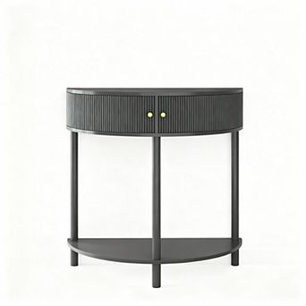 Boho Rattan Half Moon Console Table with Storage for Entryway