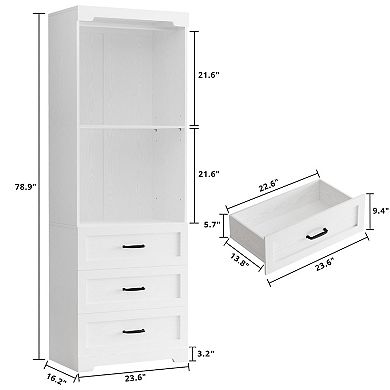 Freestanding Closet System with 3 Drawers, Adjustable Shelves, Hanging Rod, and Mobile Design