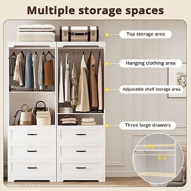 Freestanding Closet System with 3 Drawers, Adjustable Shelves, Hanging Rod, and Mobile Design
