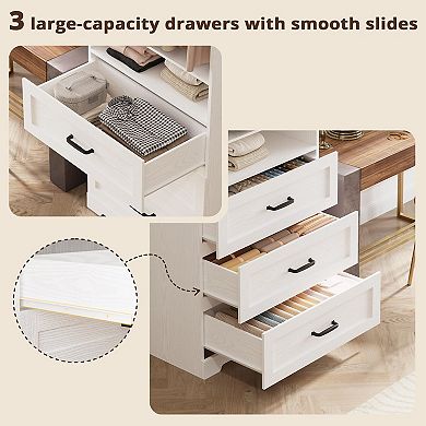 Freestanding Closet System with 3 Drawers, Adjustable Shelves, Hanging Rod, and Mobile Design