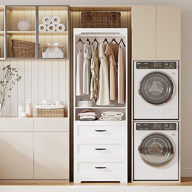 Freestanding Closet System with 3 Drawers, Adjustable Shelves, Hanging Rod, and Mobile Design