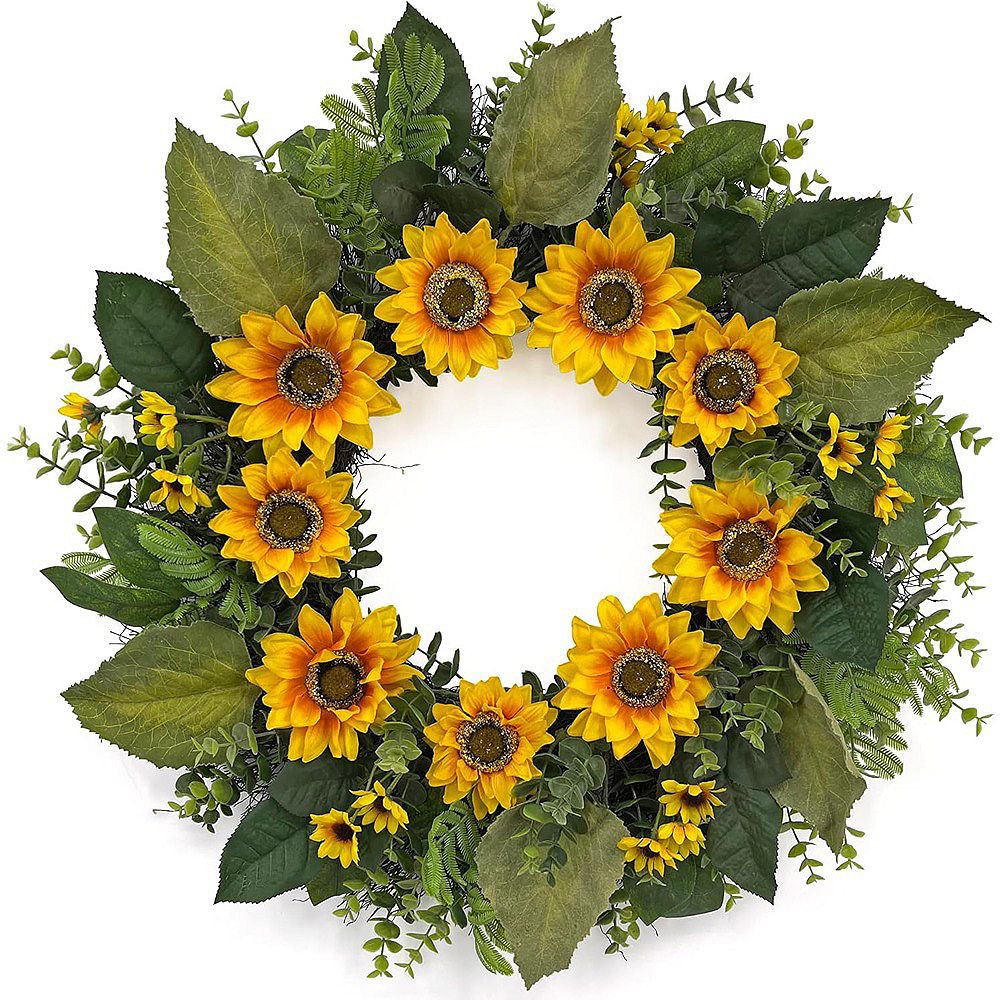 24" Sunflower Wreath for Front Door with Greenery, Ferns & Boxwood ...