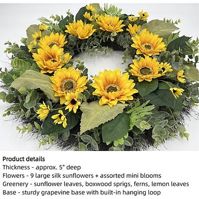 24" Sunflower Wreath for Front Door with Greenery, Ferns & Boxwood Spring & Summer Farmhouse Decor
