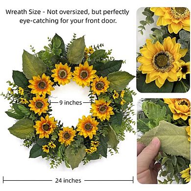 24" Sunflower Wreath for Front Door with Greenery, Ferns & Boxwood Spring & Summer Farmhouse Decor