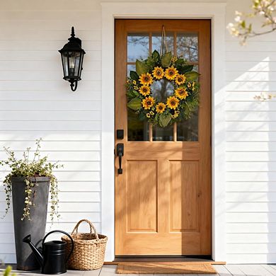 24" Sunflower Wreath for Front Door with Greenery, Ferns & Boxwood Spring & Summer Farmhouse Decor