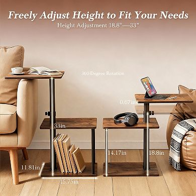 Adjustable Height Swivel Side Table with Storage for Living Room