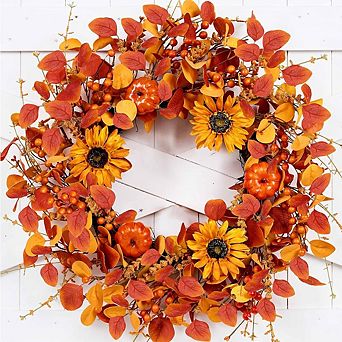 22 in Fall Wreath with Pumpkin, Sunflowers, Eucalyptus & Berries Autumn Front Door Decor