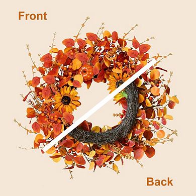 22in Fall Wreath with Pumpkin, Sunflowers, Eucalyptus & Berries Autumn Front Door Decor