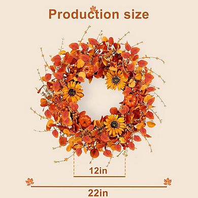 22in Fall Wreath with Pumpkin, Sunflowers, Eucalyptus & Berries Autumn Front Door Decor