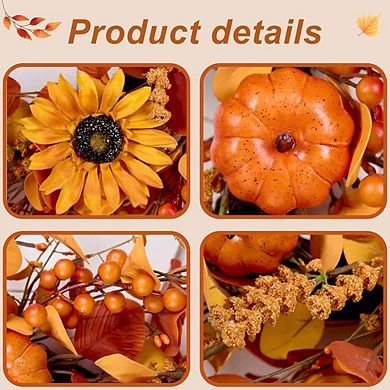 22in Fall Wreath with Pumpkin, Sunflowers, Eucalyptus & Berries Autumn Front Door Decor