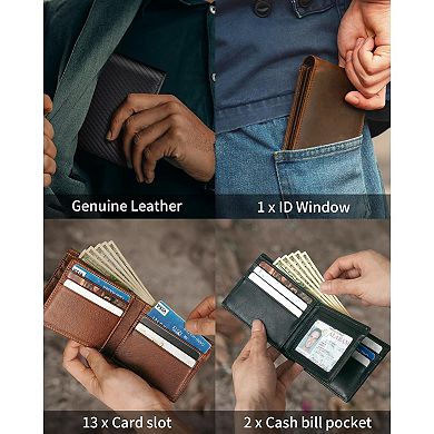 Genuine Leather Bifold Wallet with RFID Blocking and Multiple Pockets