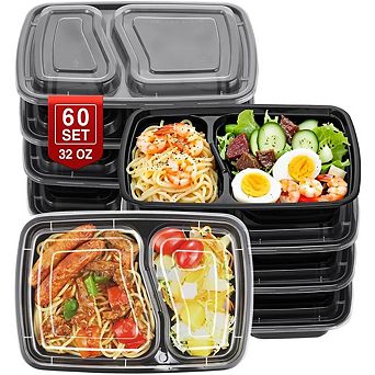 32 oz 2-Compartment Meal Prep Containers, 60 pc Plastic Food Storage Set