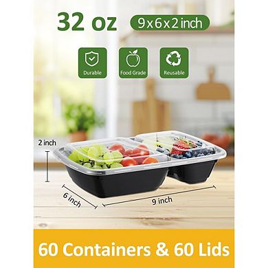 32 oz 2-Compartment Meal Prep Containers, 60-Piece Plastic Food Storage Set