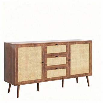 Bohemian Rattan Sideboard with 3 Drawers 2 Cabinets Adjustable Shelves