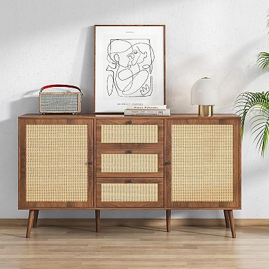 Bohemian Rattan Sideboard with 3 Drawers 2 Cabinets Adjustable Shelves