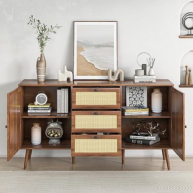 Bohemian Rattan Sideboard with 3 Drawers 2 Cabinets Adjustable Shelves