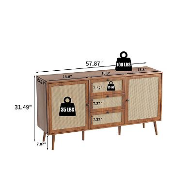 Bohemian Rattan Sideboard with 3 Drawers 2 Cabinets Adjustable Shelves