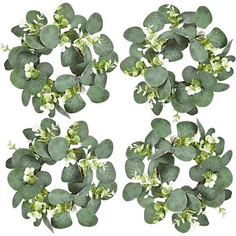 "4 pc Eucalyptus Wreaths for Kitchen Cabinets & Home Décor - 9 Inch Artificial Greenery"