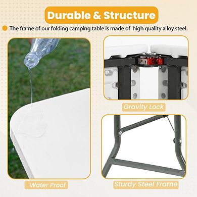 Great Ambitions Folding Table, Portable Fold-in-Half Plastic Picnic Party Table with Carrying Handle