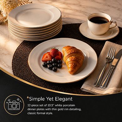 White Porcelain Dinner Plates Set 10.5 Inch Rimmed Classic Formal Dining