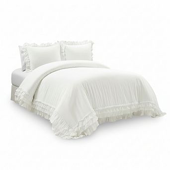 Coquette Style Duvet Cover Set, 3 pc White with Ruffle & Lace Trim, Full/Queen