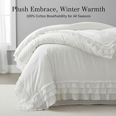 Coquette Style Duvet Cover Set, 3pc White with Ruffle & Lace Trim, Full/Queen