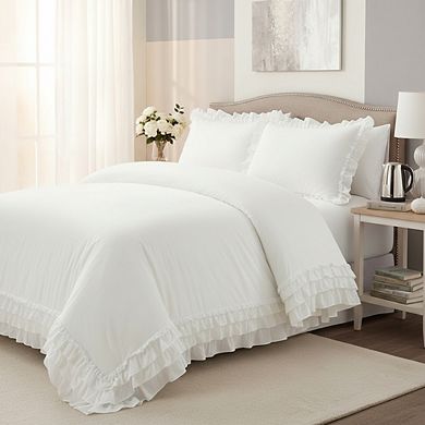 Coquette Style Duvet Cover Set, 3pc White with Ruffle & Lace Trim, Full/Queen