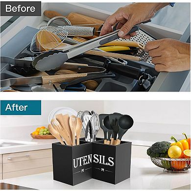Extra Large Utensil Holder with 3 Compartments for Countertop Corner