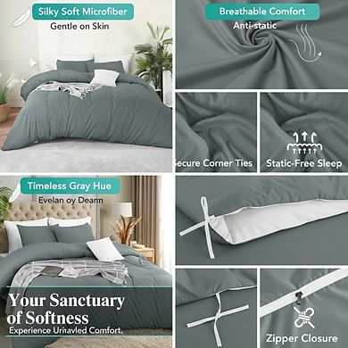 Full Size Grey Duvet Cover Set, 3pc Soft Brushed Microfiber with Zipper