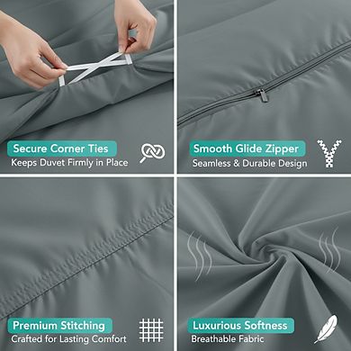 Full Size Grey Duvet Cover Set, 3pc Soft Brushed Microfiber with Zipper