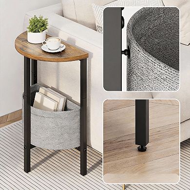 Half Moon Side Tables Set of 2 - Stylish Brown Round Accent Tables with Storage Baskets