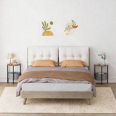 Half Moon Side Tables Set of 2 - Stylish Brown Round Accent Tables with Storage Baskets