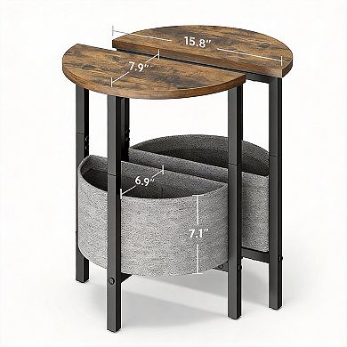 Half Moon Side Tables Set of 2 - Stylish Brown Round Accent Tables with Storage Baskets
