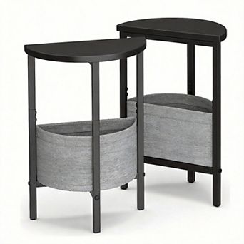 Half Moon Side Tables Set of 2 - Stylish Brown Round Accent Tables with Storage Baskets